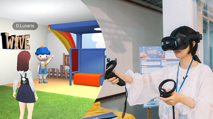 A person wearing a VR headset interacts with a colorful virtual world. A cartoon avatar waves in a room with a sign reading "WAVE."