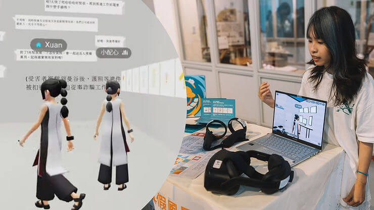 A woman demos VR tech with a laptop showing an avatar walkthrough. Text and VR gear are on the table in a modern room.