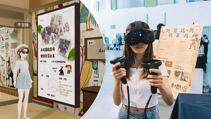 A woman uses VR with controllers in a spacious room, next to a display of books and colorful art. Text and diagrams are visible.