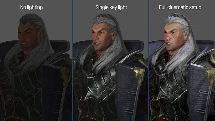 Three images of a man with long gray hair and armor demonstrate lighting effects: no lighting, single key light, and full cinematic setup.