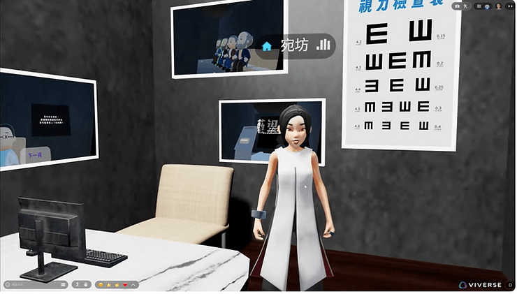 Avatar in a virtual room with eye chart and photos on gray wall. Marble desk with computer in foreground. Calm, modern atmosphere.