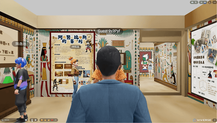 Virtual museum with Egyptian-themed walls. Avatars explore exhibits. Bright colors and Chinese text on posters. Calm and interactive.