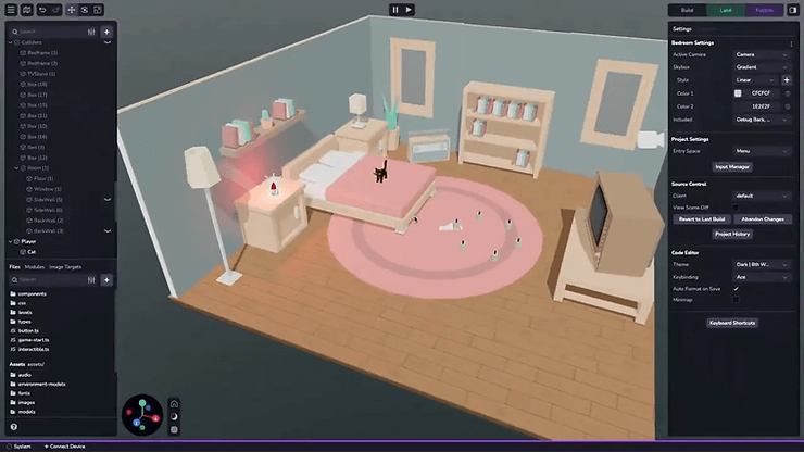 3D room with pink bed, black cat, bookshelf, and TV. Light teal walls, wooden floor, pink rug. Computer interface displays on sides. Cozy vibe.