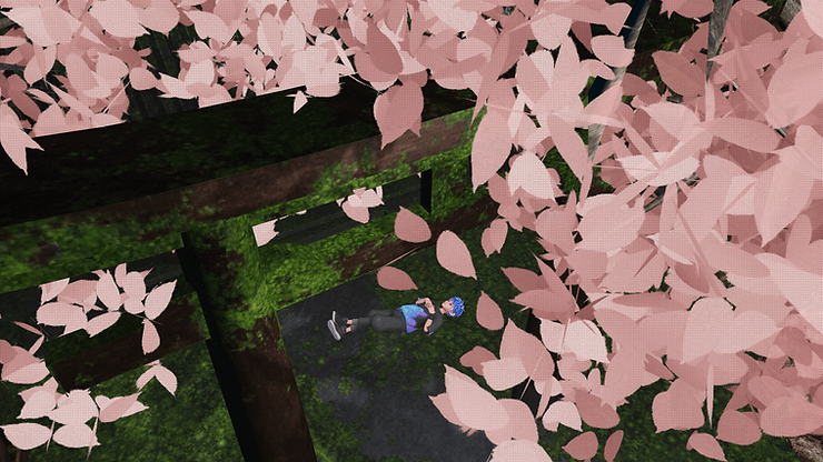 Person with blue hair lies on a moss-covered stone floor under dense pink foliage. Green mossy beams frame the serene, dreamy scene.