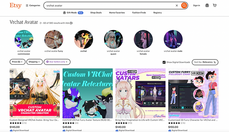 Some custom VRChat avatars for sale on Etsy
