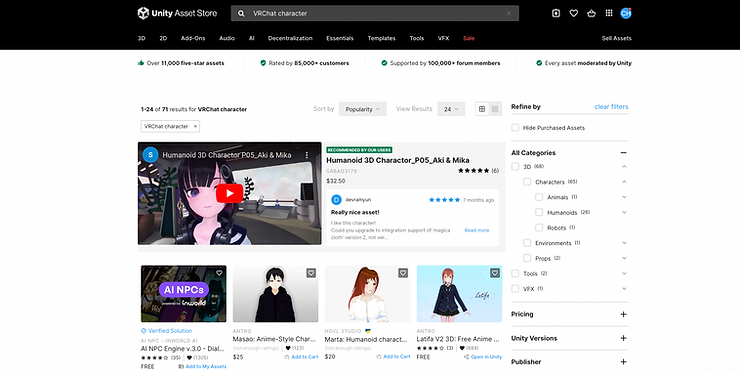 Anime-style 3D VRChat avatars on the Unity Asset Store