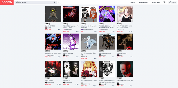 A variety of paid VRChat avatars on the BOOTH website