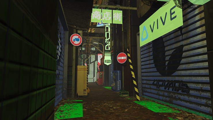 Neon-lit alley with colorful signs, including "VIVE." No entry and turn signs visible. Industrial look with a gritty atmosphere.