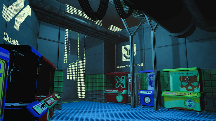 Futuristic arcade with colorful claw machines in a room with blue checkered floor. Neon text "mean machine" on wall, pipes above.
